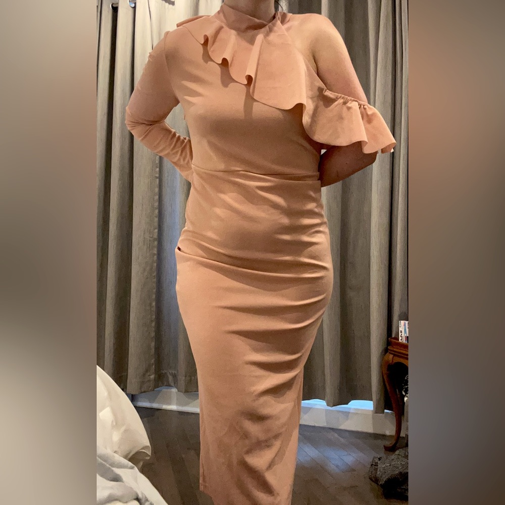 Asymmetrical off shoulder dusty rose dress